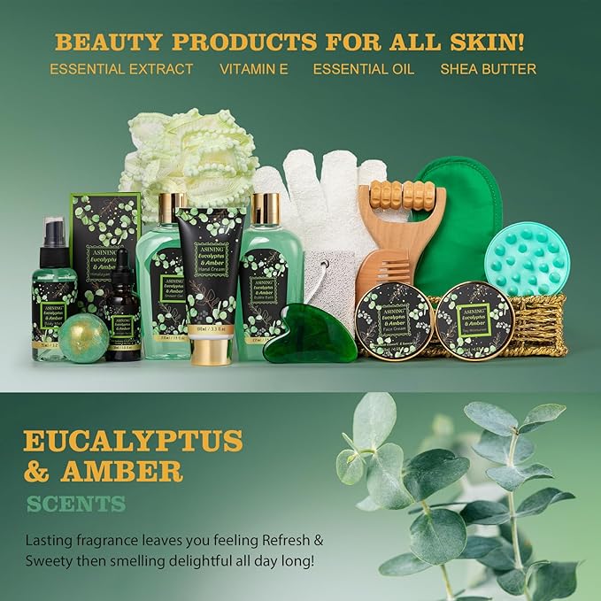 Home Spa Gift Basket, Bath Spa Kit for Women & Men, Bath & Shower Spa Gift Basket Set with Body Lotion, Shower Gel, Bubble Bath, Bath Bomb, Bath Gift Set for Mother, Wife Her, Eucalyptus & Amber Scent
