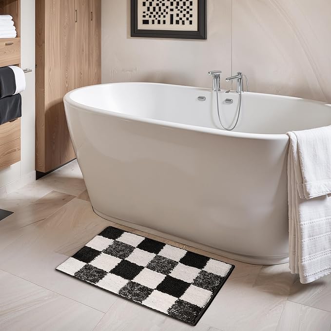 GRANNY SAYS Checkered Black Bathroom Rugs, 24" x 16", Non-Slip Bath Mats for Bathroom, Plush Shag Absorbent Microfiber Ultra Soft Bath Mat, Cute Washable Rug for Tub, Shower, Bedroom