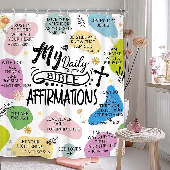 Homewelle Christian Bible Verse Shower Curtain Abstract Boho Mid Century Inspirational Quotes Minimalist Geometric Scripture 60Wx72H Inch Multicolor Waterproof Polyester Fabric Bathroom Bathtub