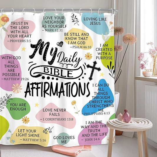Homewelle Christian Bible Verse Shower Curtain Abstract Boho Mid Century Inspirational Quotes Minimalist Geometric Scripture 60Wx72H Inch Multicolor Waterproof Polyester Fabric Bathroom Bathtub
