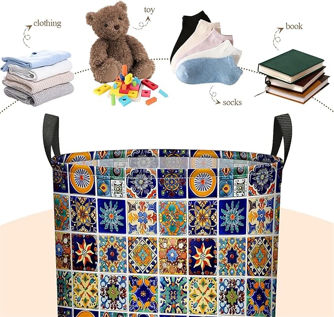 Talavera Mexican Tile Print Laundry Basket, Large Canvas Collapsible Organizer Storage Basket for Nursery,Office,Toy Organizer,Home,Decor - 19.7" X 15.7 "
