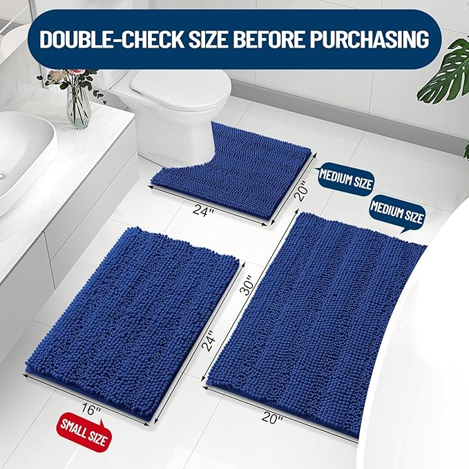 Grandaily Chenille Striped Bathroom Rugs 24x16, Extra Thick and Absorbent Bath Mats, Non-Slip Soft Plush Shaggy Shower Carpet, Machine Wash Dry, Bath Rug for Bathroom, (Small, Cobalt Blue)