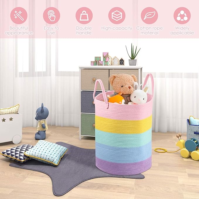 Cotton Rope Laundry Basket Woven Hamper for Girls Kids Baby Large Capacity Clothes Storage for Living Room, Laundry Nursery Pillows Baby Toy chest