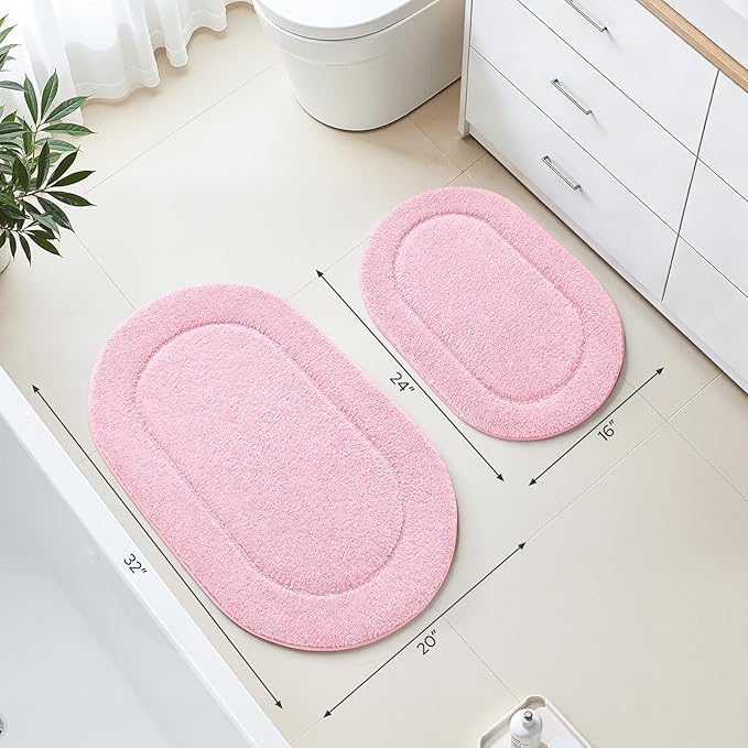 HOMEIDEAS Bathroom Rugs Sets 2 Piece, Soft Bathroom Mats and Absorbent Microfiber Machine Washable Bath Mats for Shower Room, Bathtub, Kitchen (20" x 32" + 16" x 24", Pink)