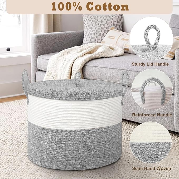 21" x 18" Extra Large storage baskets,Decorative blanket basket with lid for Living room,rope baskets with lid,wicker hamper for bedroom,Big,Round,White & Grey 115L