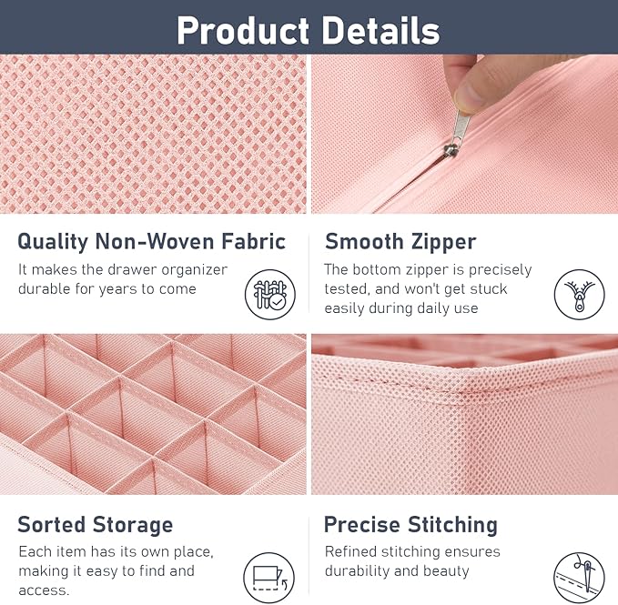 DIMJ Sock Organizer Drawer Organizer - Closet Organization and Storage, Underwear Drawer Organizer for Storing Socks, Handkerchiefs, Ties, Belts, Pink