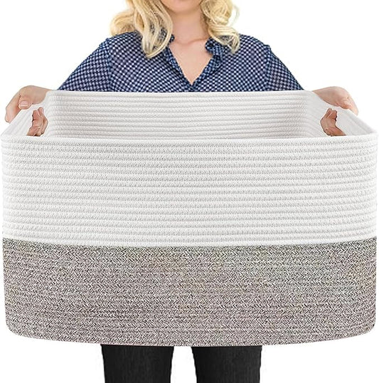Large Blanket Basket, 22"x17"x12" Rectangle Blanket Storage for Living Room, Decorative Kids Dog Toy Bin Box, Soft Woven Cotton Rope Storage Basket, Big Wicker Throw Pillow Organizer Holder