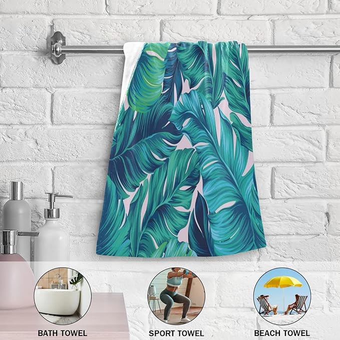 2 Pcs Tropical Blue Green Leaves Hand Towels for Bathroom,Soft Absorbent Palm Banana Leaf Botanical Dish Towels for Kitchen,Quick Dry Decorative Bathroom Towels for Face,Hair,Shower 14"x28"