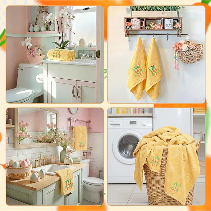 2 Pcs Easter Hand Towels for Bathroom Carrot Easter Bath Towels Yellow 100% Cotton Jacquard Embroidered Decorative Gift Set Kitchen Decor Home Accessories