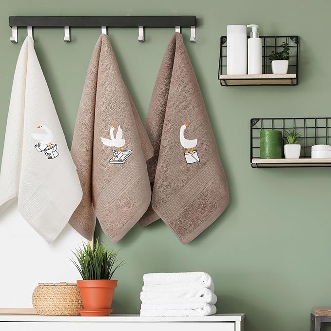 3 Pcs Silly Goose Hand Towels Decorative Silly Goose Bathroom Decor Geese Gifts Brown Farmhouse 100% Cotton Embroidered Towels for Bathroom Kitchen Decor, 13.3 x 29.5''
