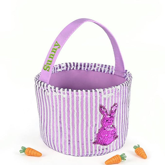 Personalized Easter Basket for Kids, Boys & Girls – Ideal for Egg Hunting & Easter Gift Storage (Purple Sequin Bunny Basket)