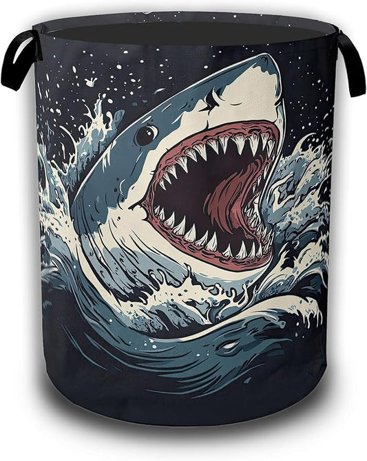Shark Big Mouth Laundry Hamper,Ocean Wave Laundry Baskets,Waterproof Oxford Cloth Toy Storage for Bedroom,Bathroom,Nursery,16x20.8 Inch