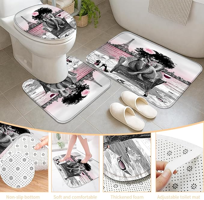 5Pcs Girly Shower Curtain Set with Rugs and Wall Painting, Pink and Black African American Shower Curtain Set, Parisian Style Modern Wall Decor, Bathroom Accessory Set