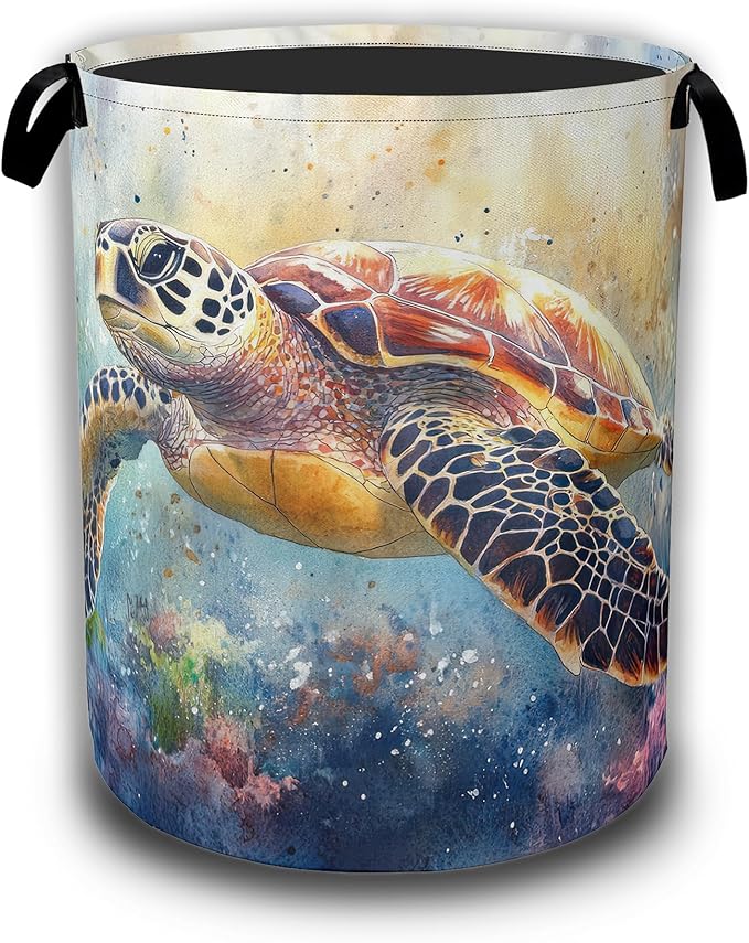 Watercolor Sea Turtle Laundry Baskets,Laundry Hamper,Storage Basket with Handles for Bathroom Bedroom College Dormitory Living Room Nursery Organizer 16"x20.8"