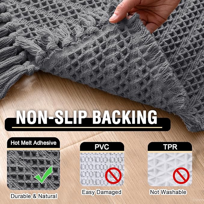 H.VERSAILTEX Waffle Bath Mat Super Absorbent Boho Bath Mat Non Slip Bath Rugs for Bathroom Floor Machine Washable Dry Fast Bathroom Rugs with Tassels (20 x 32 Plus 17 x 24 Inches, Gray)