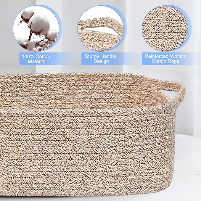 ABenkle Small Storage Basket with Handles, Cotton Rope Woven Dog Cat Toy Bin, Decorative Shelves Closet Organizing for Nursery Laundry Bedroom Bathroom, 14.2''x 11''x 5.1''