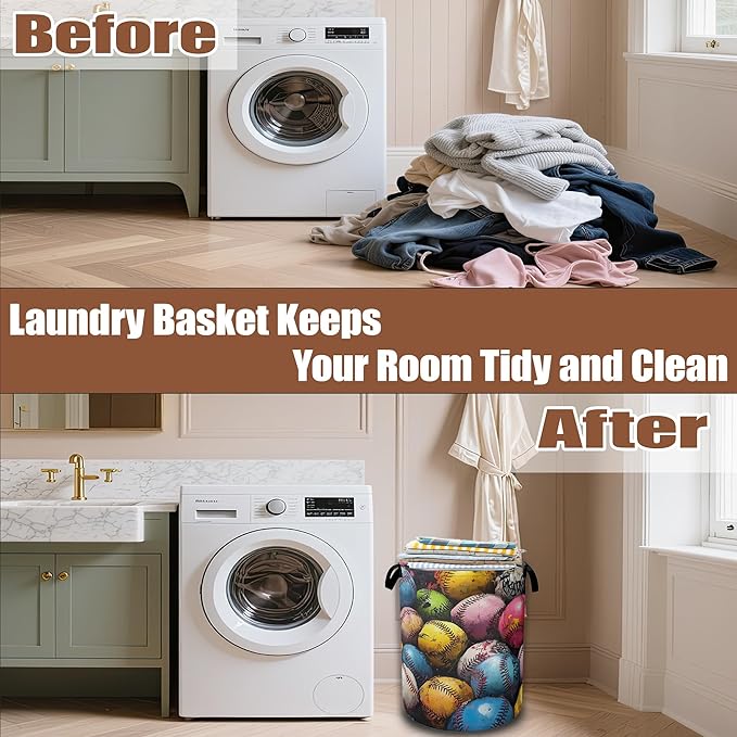 Colorful Baseball Laundry Hamper,Laundry Baskets,Waterproof Oxford Cloth Toy Storage for Bedroom,Bathroom,Nursery,16x20.8 Inch