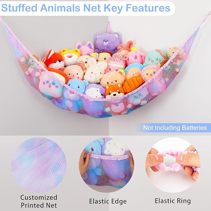 Basumee Stuffed Animals Net or Hammock with LED Light Hanging Toy Net Hammock for Stuffed Animals Storage Stuff Animals Hammocks for Nursery Room with Remote Control, 8 Kinds of Lights(Pack of 1)