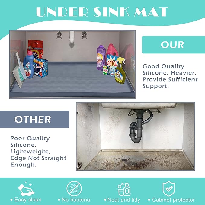 URMONA Waterproof Silicone Under Sink Mat 19'' x 12'' Shelf Liner for Kitchen and Bathroom, Cabinet and Counter Protector, Storage and Organizers, Litter Mat, Pet Cat Puppy Essentials(Khaki)