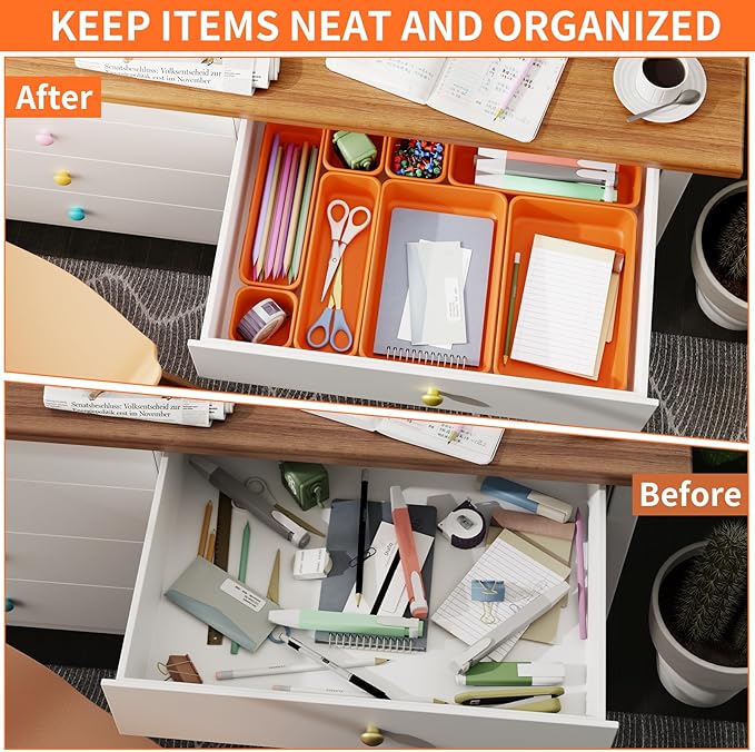 45 Pack Desk Drawer Organizer Tray, 3 Sizes Plastic Drawers Organizer Storage for Kitchen, Bathroom, Office, Vanity, Makeup, Utensils, Junk Drawer Organizer Bins, Gadget Trays for Organizing, Orange