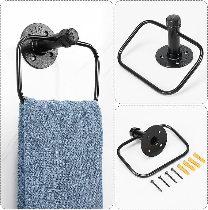 4-Pieces Industrial Pipe Bathroom Towel Ring Kit DIY Wall Mount Accessories Kit Includes Robe Hook Towel Bar and Towel Ring (24 inch)