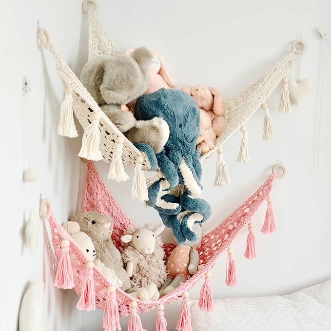 Macrame Hanging Net for Stuffed Toys - Corner Hammock Organizer for Plush Animals, Buttercream