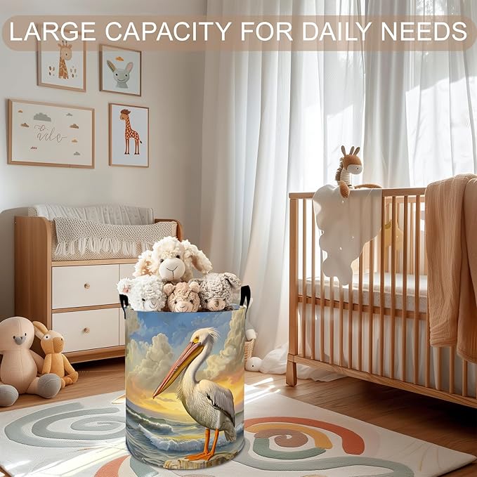 Pelican Laundry Basket Hamper 19.7"x15.8", Ocean Sunset Bird Foldable Waterproof Oxford Clothes Storage Bucket for Room Bathroom Bedroom Nursery Decor, Toy Organizer Bins Gifts for Kids Boys Girls