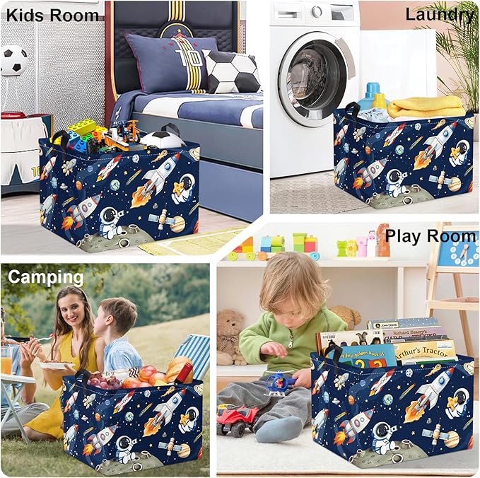 Space Rockets Laundry Hamper Cartoon Astronaut Large Storage Basket Planet Collapsible Parents Organizer Boys Clothes Toy Bins for Bedroom, Bathroom, Blue, 36L