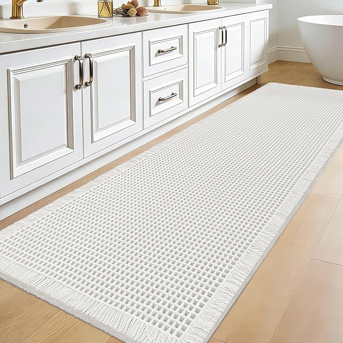 Accumtek Extra Large Waffle Bath Mat, 6'x2' White, Super Absorbent Non-Slip Quick Dry Bathroom Rugs with Tassels, Machine Washable Ultra Soft Boho Bath Rugs for Floor, Toilet Mats Boho Farmhouse Decor