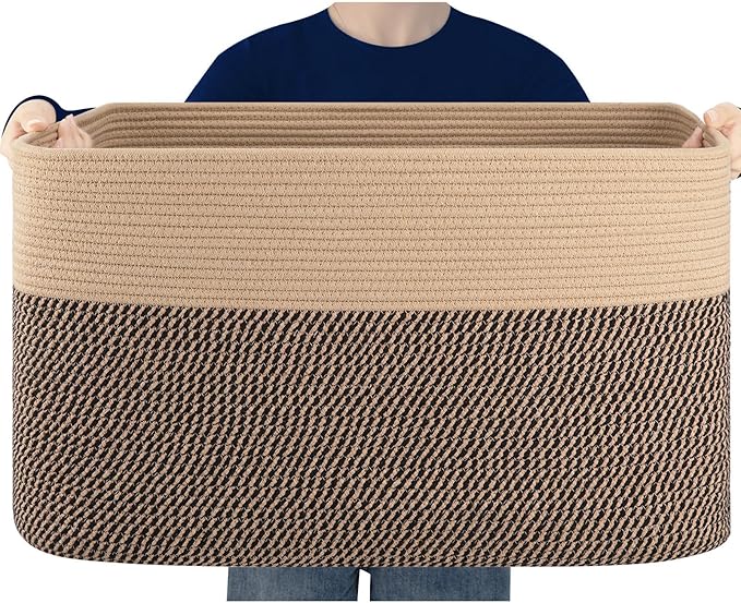 Extra Large Blanket Basket, Toy Basket Bin for Kids, Cotton Rope Woven Storage Basket for Living Room, Nursery, Baby Room Decorative Organizer, 24''×16''×15'', Brown & Black
