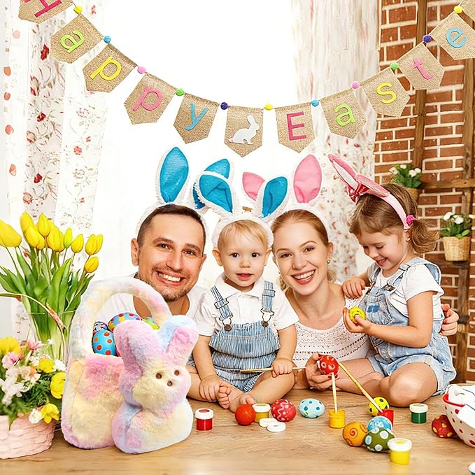 Easter Bunny Basket for Kids, Cute Bunny Plush Tote Bucket for Boys Girls, Fluffy Easter Egg Hunt Bag Soft Fabric Tote Bags for Candy Gifts Storage (Multicolor)