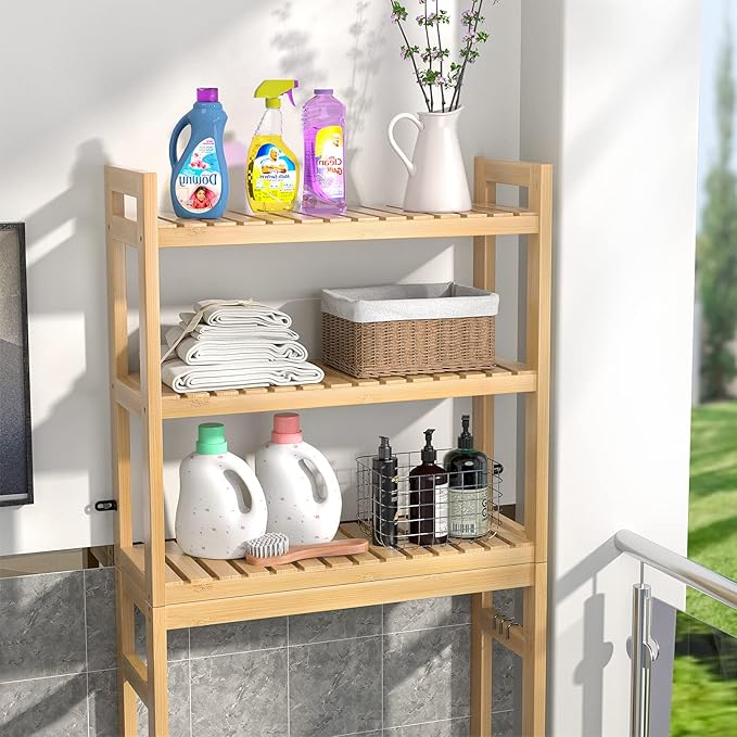 Homykic Over The Toilet Storage, 3-Tier Bamboo Bathroom Shelf with 3 Hooks, Above Toilet Organizer Rack Freestanding for Small Space, Restroom, Laundry, Easy Assembly, Natural
