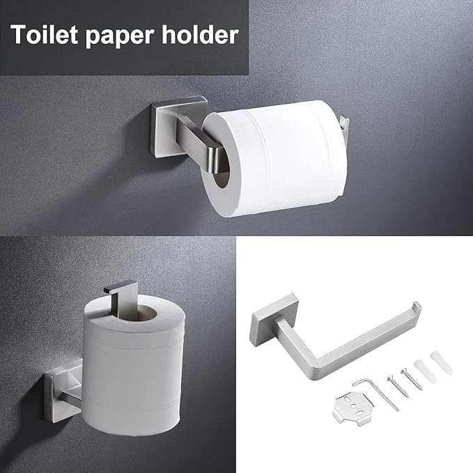 5 Pieces Brushed Nickel Bathroom Hardware Set Include 24inch Towel Bar,2pcsTowel Hooks,Toilet Paper Holder Square SUS304 Stainless Steel Bathroom Accessories Set Heavy Duty Wall Mounted