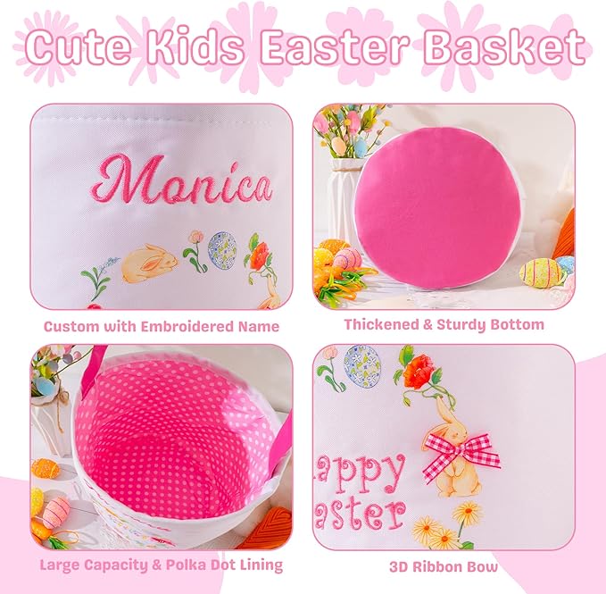 MT WORLD Toddler Easter Basket Personalized Easter Egg Bucket for Kids with Embroidered Name Pink Bunny Bucket Custom Candy Tote Bag for Baby Girls Candy Gifts Bucket