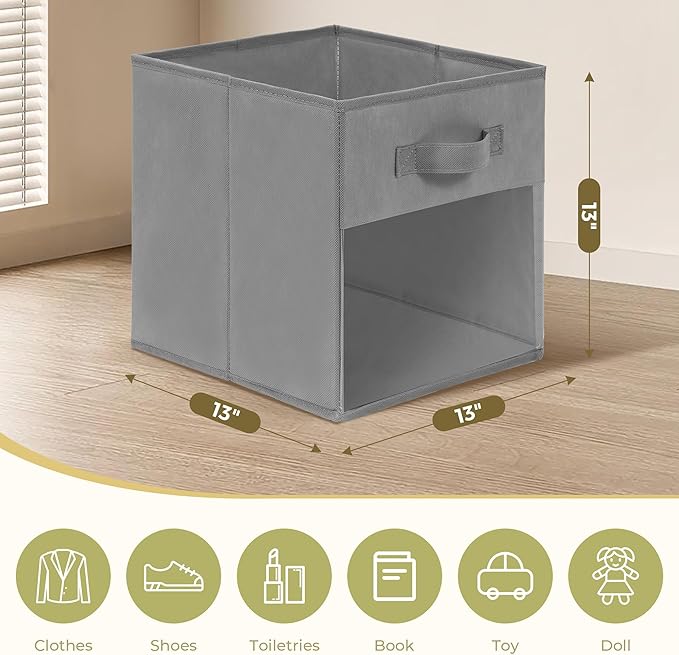 13x13 Large Storage Bins with Clear Window, Set of 6 Storage Cubes, Collapsible Cube Storage Bins, Fabric Closet Organizers with Handles for Home, Office, Closet Shelf Cabinet, Bookcase, Grey
