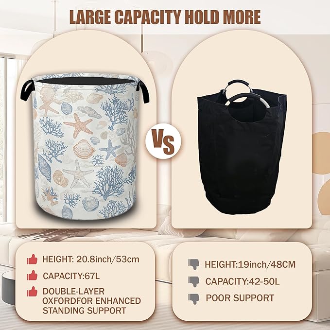 Seashells Starfish Laundry Basket,Waterproof Foldable Laundry Hamper,Dirty Clothes Basket, Linen Bin Storage Organizer Collection 16" x 20.8"