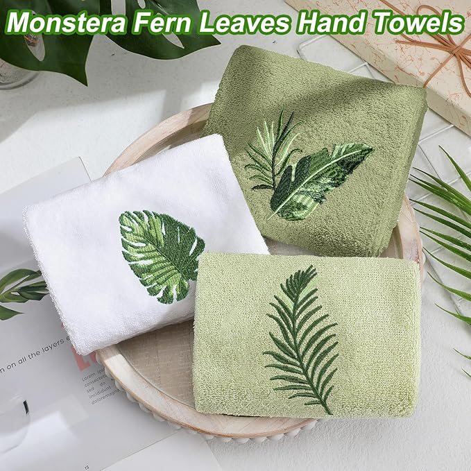 3 Pcs Tropical Palm Leaves Hand Towels for Bathroom Decor Summer Monstera Leaves Embroidered Absorbent Soft Cotton Towels 13.78 x 29.53 Inch Farmhouse Green Decorative for Kitchen Home