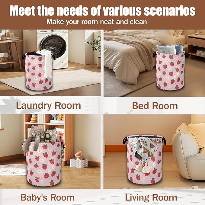 Laundry Hamper,Strawberry Groovy Floral Collapsible Laundry Baskets Waterproof Oxford Cloth With Handles,Clothes Storage Bucket Toy Organizer For Bathroom/Nursery/Bedroom 16" x 20.8"