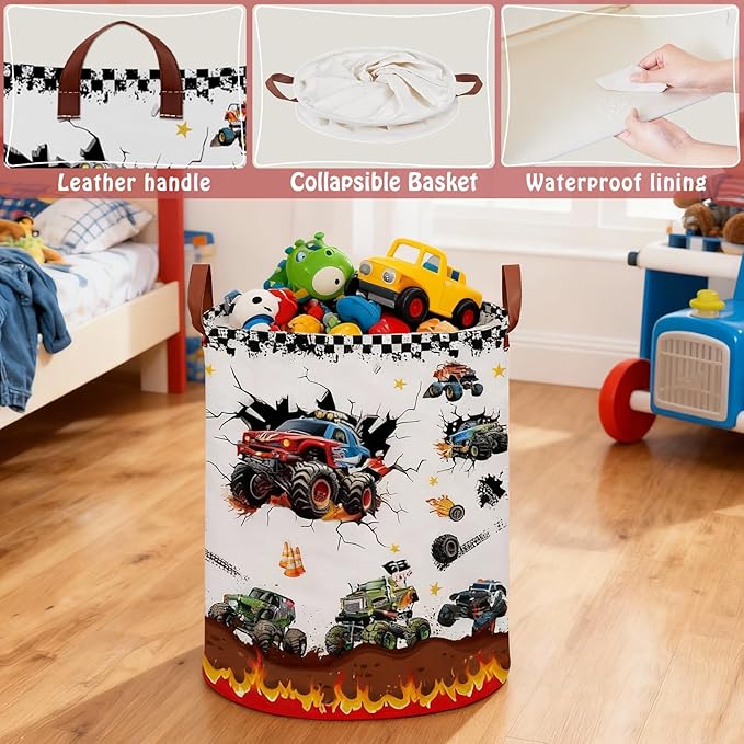 Monster Trucks Storage Basket Laundry Hamper,Collapsible Car Room Decor for Boys,Waterproof Monster Trucks Valentine's Day Gift Bag,45L Large Clothes Towel Toy Book Nursery Hamper(Round)