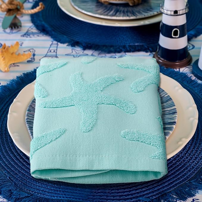 2 Pcs Starfish Hand Towels for Bathroom 100% Cotton Jacquard Weave Bath Towel Set Soft Absorbent Dish Washcloth for Bathroom Kitchen Sea Theme Gifts 13.8 x 29.5 Inch (Blue Green)