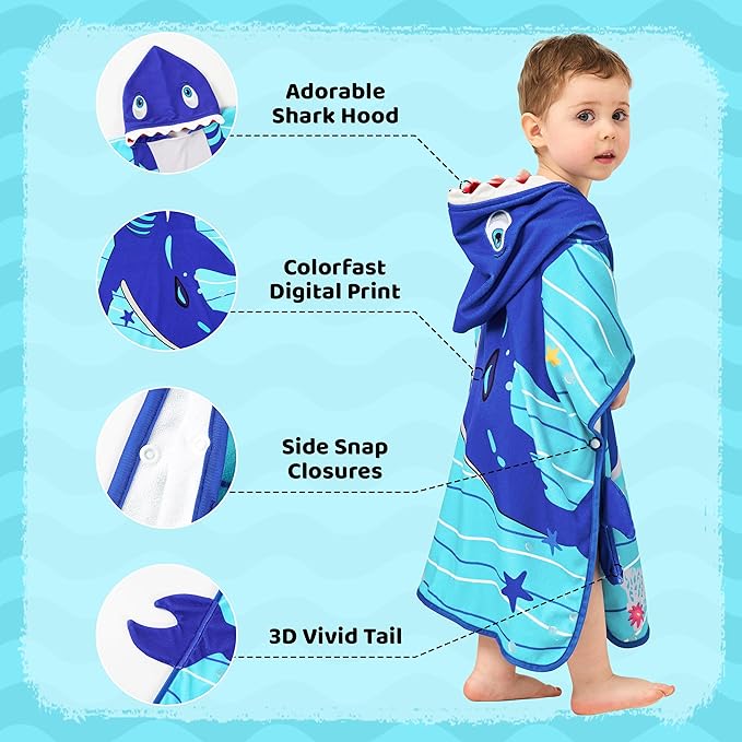 LOLANTA Hooded Towel for Kids Lightweight Swim Poncho Bath Pool Beach Toddler Towels Shark Towel Baby Gifts (Shark, 1-3T)