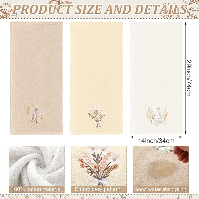 3 Pcs Boho Flowers Hand Towels Farmhouse Floral Brown Wildflowers Bathroom Decor 14x29 Inch Embroidered Boho 100% Cotton Soft Decorative Hand Towels for Bathroom Kitchen