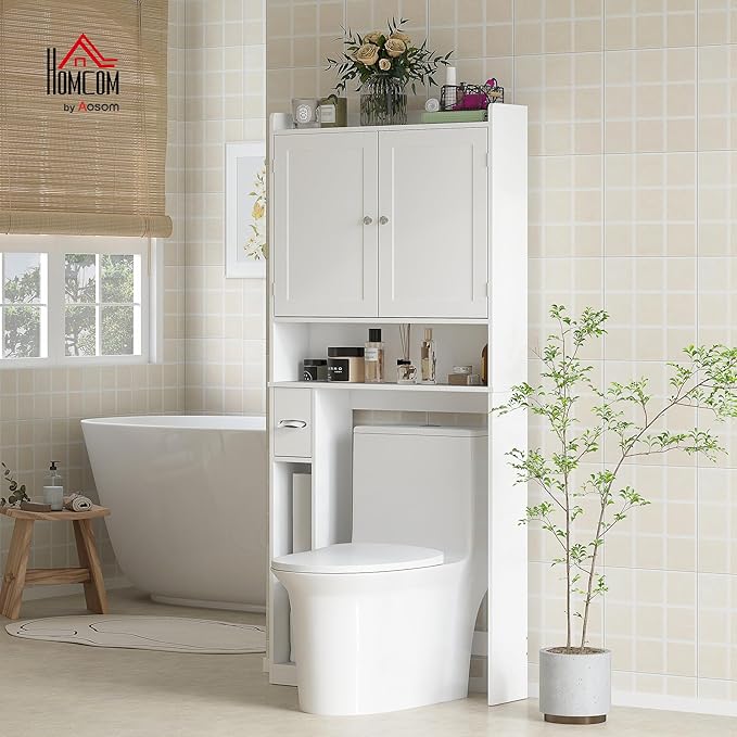 HOMCOM Over The Toilet Storage Cabinet, Modern Above Toilet Bathroom Organizer with 2 Doors, Storage Shelves, Toilet Paper Holder, Freestanding Space Saver for Bathroom, Laundry, White