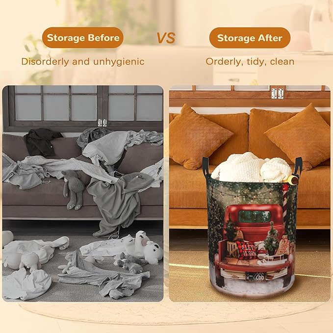 Christmas Red Truck Laundry Basket,snowflakes Forest Foldable Laundry Hamper Waterproof Oxford Cloth Tote Bag,Clothes Storage Bucket Decorative Toy Organizer For Bathroom Bedroom 16" x 20"