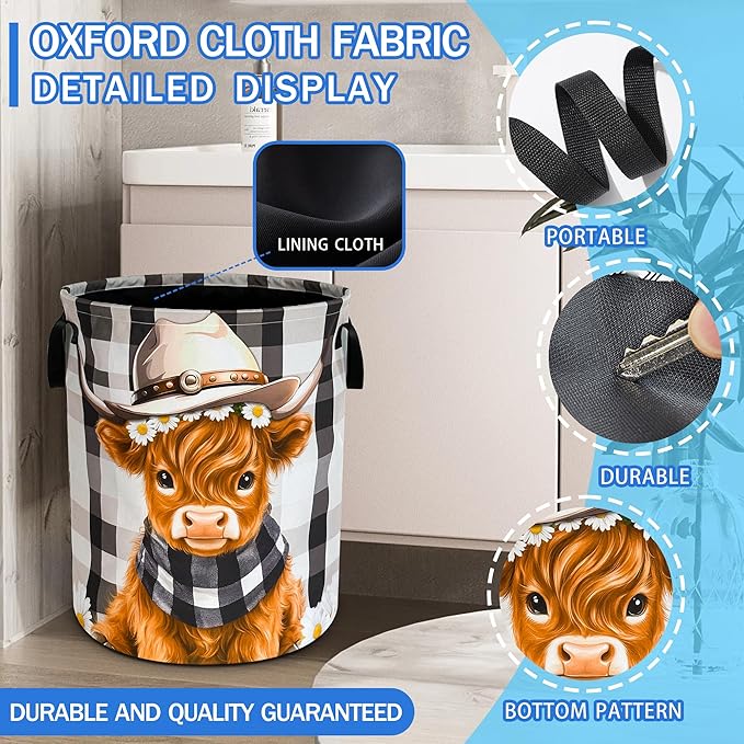 Cute Highland Cow Laundry Basket Oxford Cloth Calf Laundry Hamper With Handle Foldable Portable Clothes Storage Basket 18.9 X 16.5 In Storage Bag For Laundry Room/Bathroom/Bedroom/Dormitories