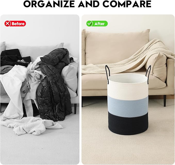 Woven Laundry Hamper Tall Rope Storage Basket for Blanket toys Dirty Clothes in Living Room Bathroom Bedroom (Gradient Blue, 100L/26.4Gal)