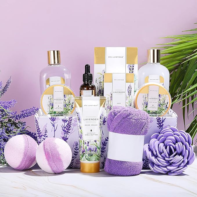 Spa Luxetique Lavender Gift Baskets for Women Spa Kit for Women 12 Pcs Birthday Gifts Set Home Skin Care Sets for Her Anniversary Valentine Day Gifts for Women Wife Girlfriend Grandma Sister