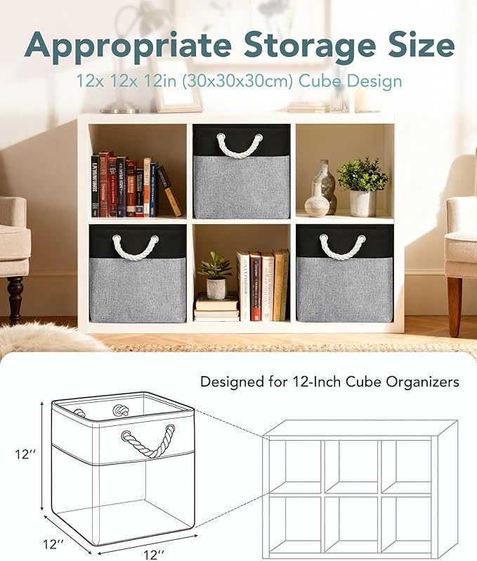 12x12 Storage Cube Bins, 6 Pack Reinforced Bottom Cardboard Foldable Box, Organizer for Closet Shelves, Heavy Home Storage Baskets (Black Gray)