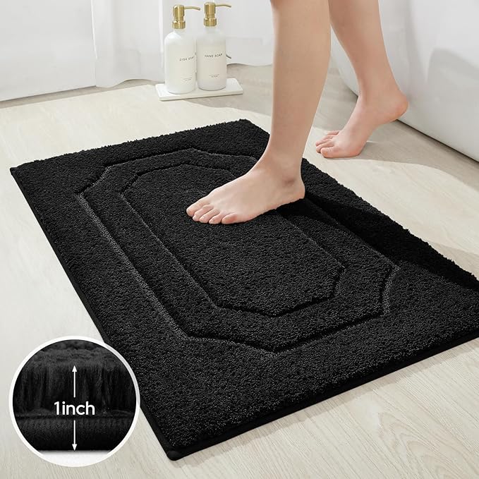 HOMEIDEAS Bathroom Rugs Sets 2 Piece, Extra Soft and Absorbent Microfiber Plush Bath Mat with Non Slip Backing(Black)