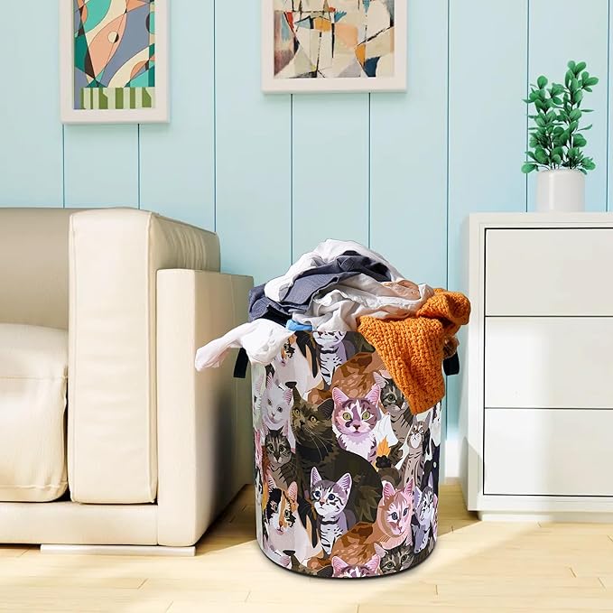 Cat Laundry Basket Oxford Cloth Funny Kitten Face Laundry Hamper With Handle Foldable Portable Clothes Storage Basket 18.9 X 16.5 In Storage Bag For Laundry Room/Bathroom/Bedroom/Dormitories